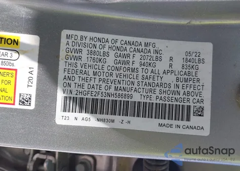 2022 Honda Civic Sport z USA, uszkodzony, nr VIN 2HGFE2F53NH586899